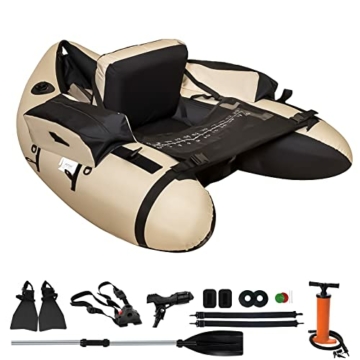 byhsports Professional Schlauchboot, Bellyboot zum Raubfischangeln, 158 kg Tragfähigkeit Angelboot -inkl. Pumpe, Verstellbare Rucksackgurte, Aufbewahrungstaschen, Fischlineal（Beige） - 1